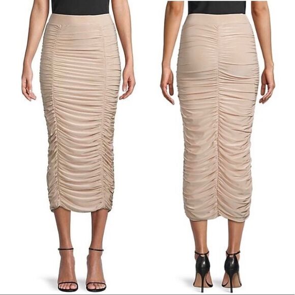 CLUB L LONDON Ruched Beige Nude Midi Skirt Sz 4 NWOT - Picture 1 of 12